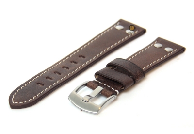 Watchstrap 24mm leather vintage dark brown with studs