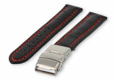 Watch band with security folding clasp 18mm black leather with red stitches