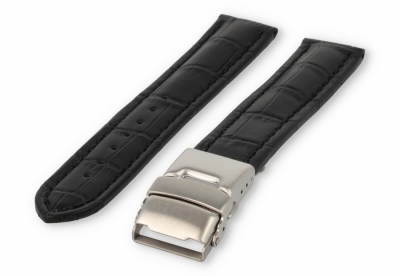 Watch band with security folding clasp 18mm black leather