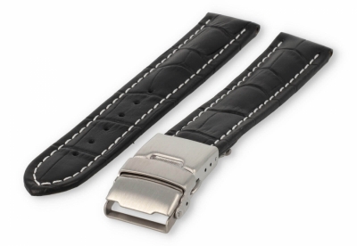 Watch band with security folding clasp 18mm black leather with white stitches