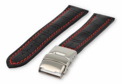 Watch band with security folding clasp 20mm black leather with red stitches