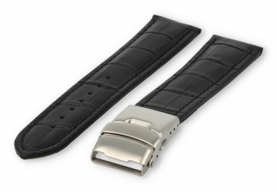 Watch band with security folding clasp 20mm black leather