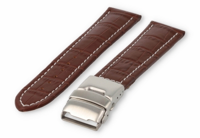 Watch band with security folding clasp 22mm darkbrown leather with white stitches