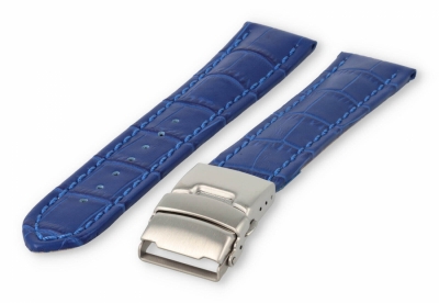 Watch band with security folding clasp 22mm royal-blue leather