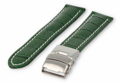 Watch band with security folding clasp 24mm green leather with white stitches