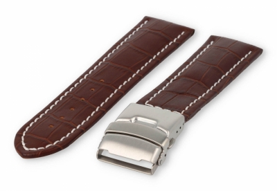 Watch band with security folding clasp 26mm darkbrown leather with white stitches