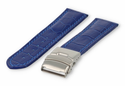 Watch band with security folding clasp 26mm royal-blue leather