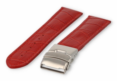 Watch band with security folding clasp 26mm red leather
