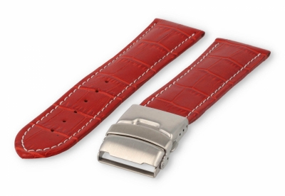 Watch band with security folding clasp 26mm red leather with white stitches