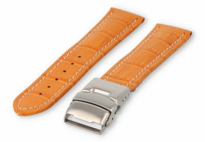 Watch band with security folding clasp 26mm orange leather with white stitches